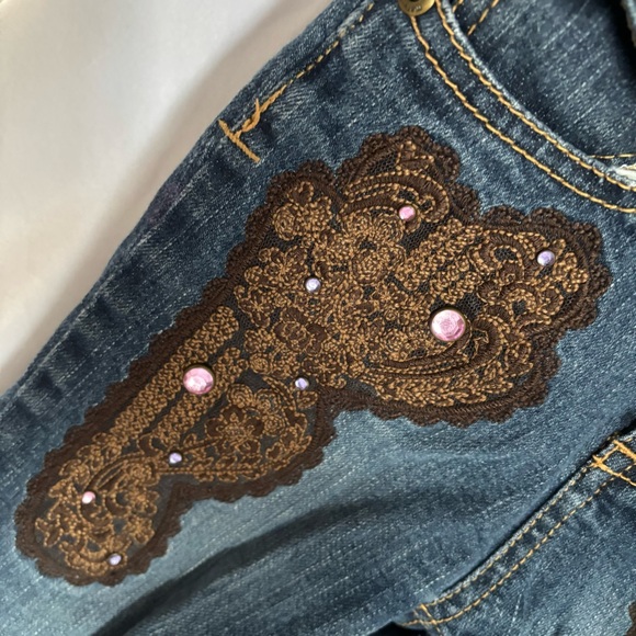 Vintage Y2K 90s Mary Kate Ashley Girl Denim Capris Size 6 Western Boho Patches - Picture 8 of 10